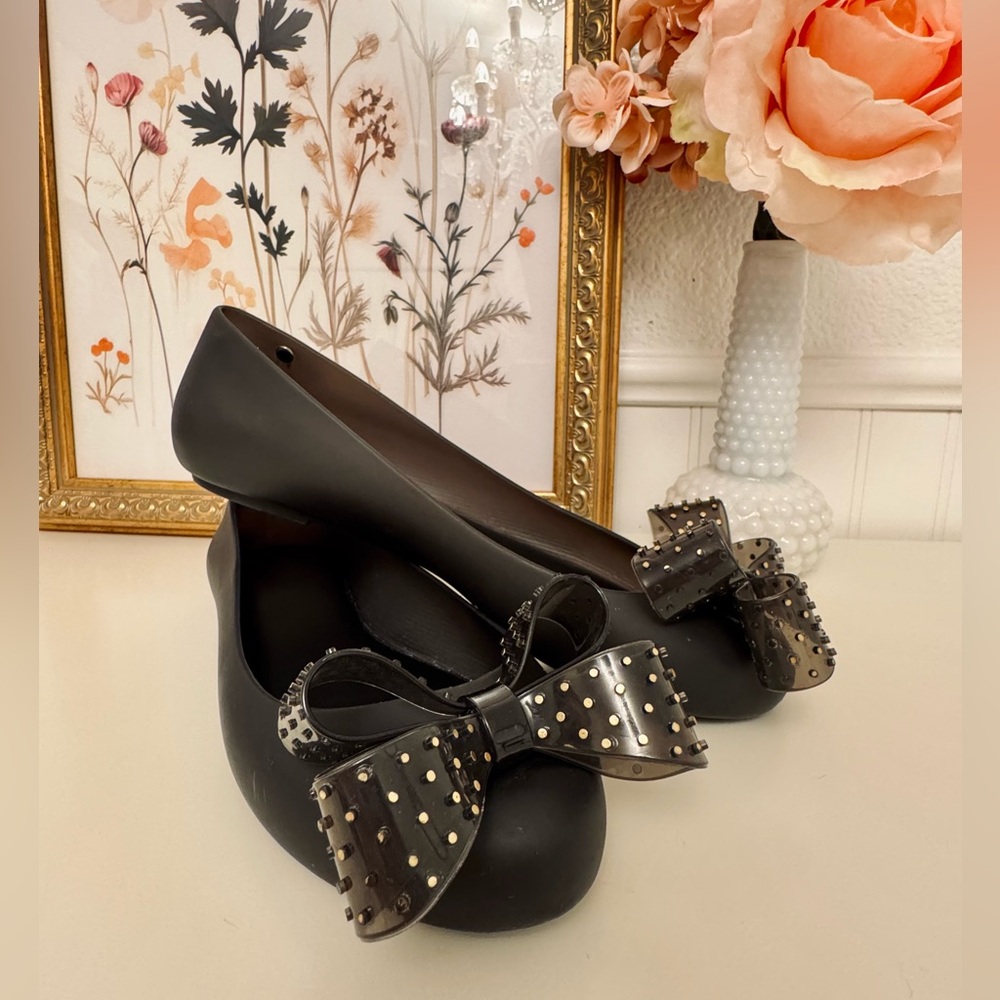 Melissa Black Jelly Shoes With Gold Studded Bows Size 8 Women's Flats